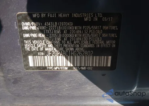 2017 Subaru Crosstrek 2.0I Premium z USA, uszkodzony, nr VIN JF2GPABC1HG262802